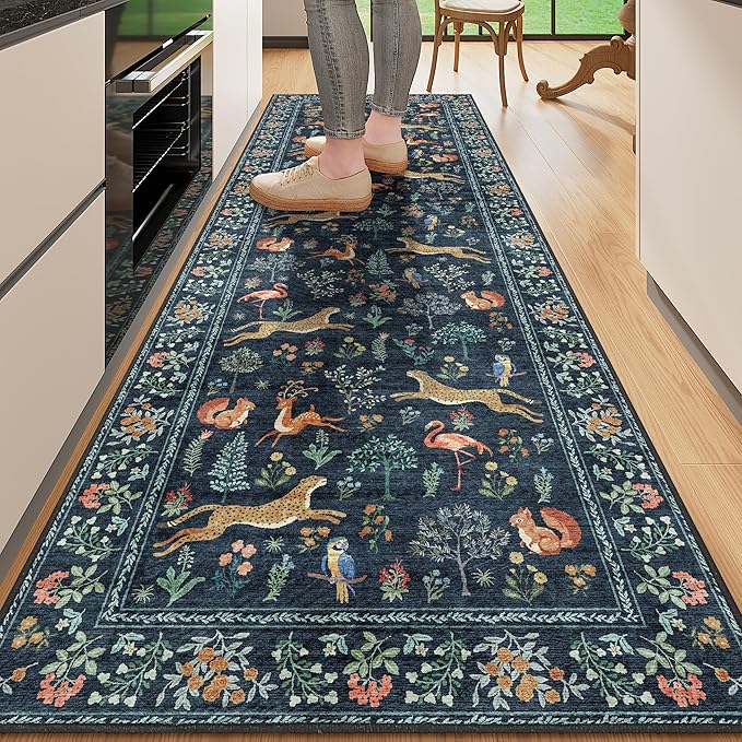DUKINO 2x6 Rug for Hallway, Washable Kitchen Runner Rug with Non Slip Backing, Soft Low Pile Vintage Animal Runner for Bedroom, Kitchen, Hallway, Entryway, Laundry, Navy Blue