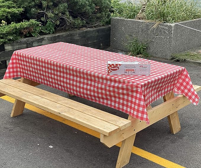 Neatiffy Disposable Plastic Table Cloth Roll | 54 in x 108 Ft Waterproof Tablecloth | Table Cover for Rectangle, Square, Round Oval Tables | Picnic, Party, Banquet, Birthdays, Weddings, Red Checkered