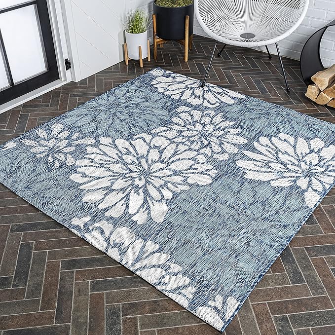 JONATHAN Y Floral Textured Weave Indoor Outdoor Square Area Rug 3X3 Navy/Aqua, Zinnia Modern for Backyard, Patio, Porch, Easy-Cleaning, High Traffic, Pet-Friendly, Non-Shedding (SMB110C-3SQ)
