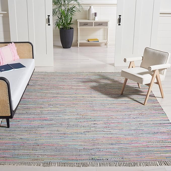 SAFAVIEH Rag Rug Collection Area Rug - 8' x 10', Grey & Multi, Handmade Boho Stripe Cotton, Ideal for High Traffic Areas in Living Room, Bedroom (RAR121M)