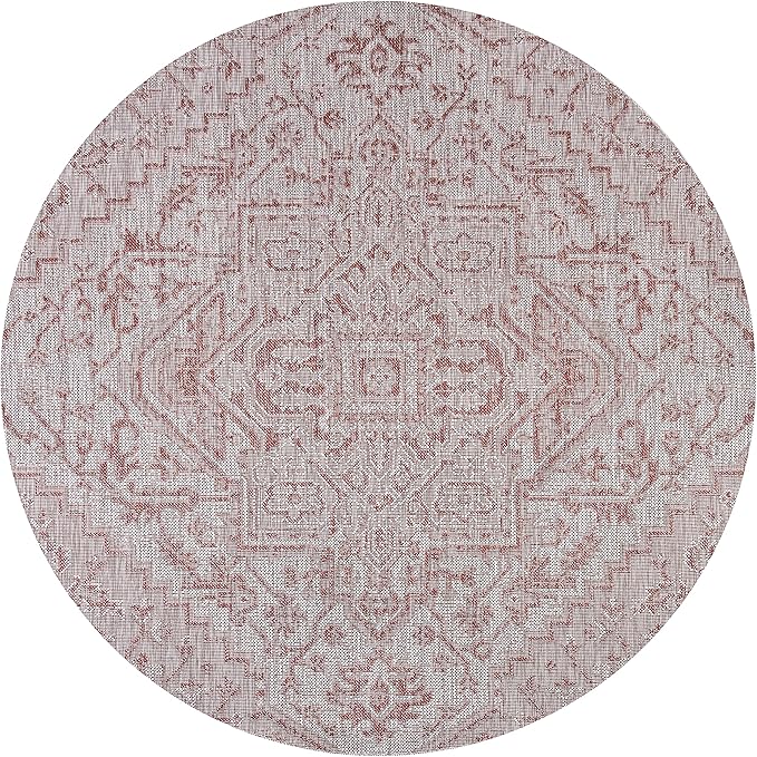 JONATHAN Y Boho Medallion Indoor Outdoor Round Area Rug 6 Ft Red/Taupe, Estrella Textured Weave for Backyard, Patio, Porch, Easy-Cleaning, High Traffic, Pet-Friendly, Non-Shedding (SMB105A-6R)