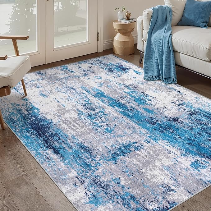Ciicool Abstract Area Rug Indoor, 3x5 Washable Entryway Rug, Modern Soft Throw Rug with Non-Slip Backing Ideal for Bedroom Living Room Entrance Kitchen, Low-Pile Floor Carpet Doormat Grey Blue