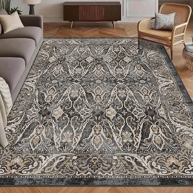 Washable Area Rug 3' x 5 ' Vintage Traditional Persian Mat - Foldable Distressed Non-Slip Machine Washable Carpet for Living Room Bedroom Kitchen Home Decor - Ebony and Taupe