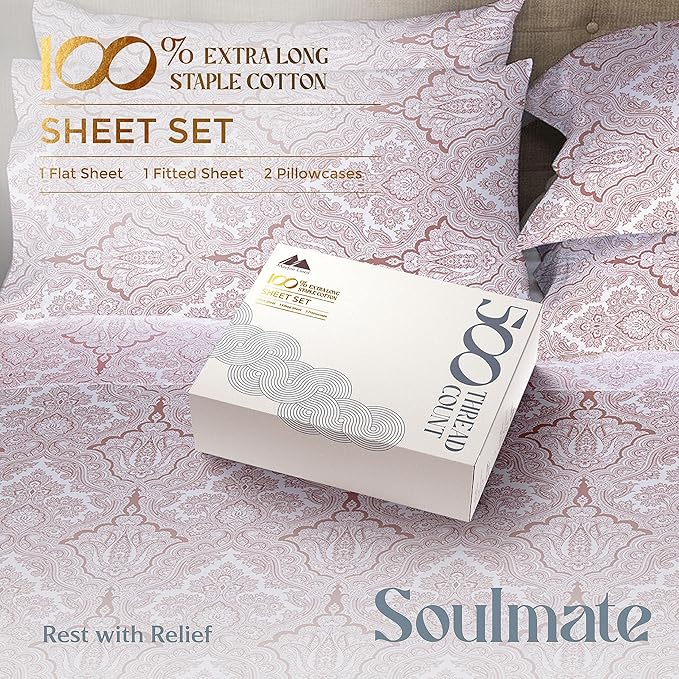 Mayfair Linen 100% Egyptian Cotton Printed Split King Sheets Sets for Adjustable Bed - 500 Thread Count Split Top King Sheet (Paisley Print), Soft, Cooling, Sateen Weave 16" Deep Pocket Hotel Sheet