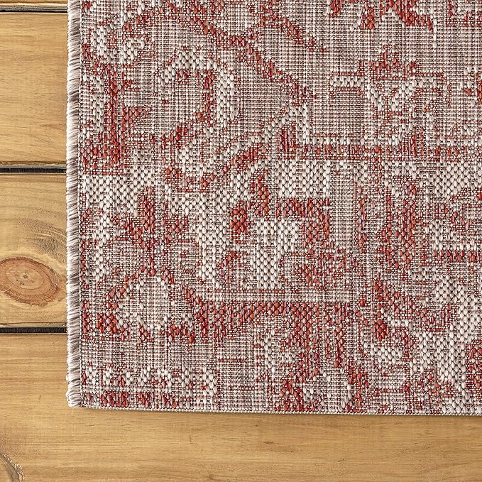 JONATHAN Y Boho Medallion Indoor Outdoor Square Area Rug 9X9 Red/Taupe, Estrella Textured Weave for Backyard, Patio, Porch, Easy-Cleaning, High Traffic, Pet-Friendly, Non-Shedding (SMB105A-9SQ)