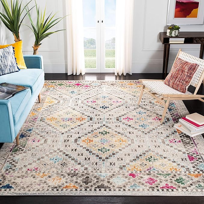 SAFAVIEH Area Rug 8x10 - Madison Collection - Large - Grey & Yellow, Boho Diamond Distressed Design, Non-Shedding & Easy Cleaning, Ideal for Living Room, Bedroom, Office, Dining Space (MAD418F)
