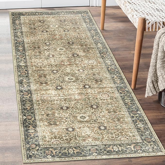 ReaLife Rugs Machine Washable Area Rug - Living Room Bedroom Bathroom Kitchen Entryway Office - Padded Low Pile Stain Resistant Premium - Boho Farmhouse Vintage - Dua - Brown Gray Beige 2'6" x 6'