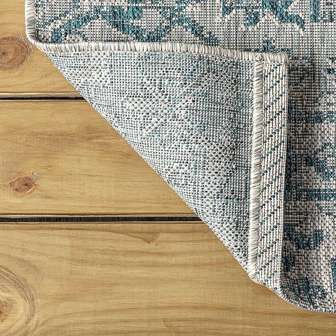 JONATHAN Y Boho Medallion Indoor Outdoor Round Area Rug 5 Ft Teal/Gray, Estrella Textured Weave for Backyard, Patio, Porch, Easy-Cleaning, High Traffic, Pet-Friendly, Non-Shedding (SMB105C-5R)