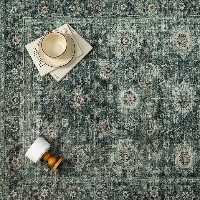 2x8 Washable Runner Rug for Kitchen Hallway Green Vintage Non-Slip Low Pile Distressed Rustic Carpet Lightweight Vacuumable Soft Long Throw Rug for Entryway Bedroom