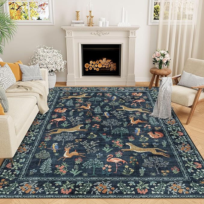 DUKINO 8x10 Rug, Washable Animal Living Room Rug with Non Slip Vintage Design, Soft Low Pile Large Carpet for Bedroom, Nursery, Dining Room, Farmhouse, Playroom, Navy Blue