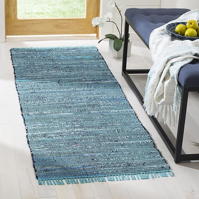 SAFAVIEH Rag Rug Collection Runner Rug - 2'3" x 10', Blue & Multi, Handmade Boho Stripe Cotton, Ideal for High Traffic Areas in Living Room, Bedroom (RAR121B)