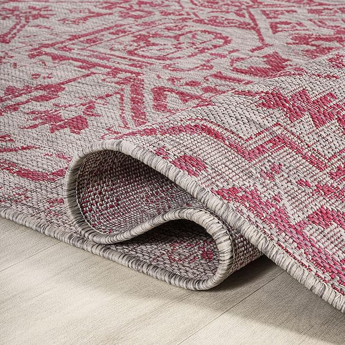 JONATHAN Y Boho Medallion Indoor Outdoor Area Rug 5X8 Light Gray/Fuchsia, Estrella Textured Weave for Backyard, Patio, Porch, Easy-Cleaning, High Traffic, Pet-Friendly, Non-Shedding (SMB105F-5)