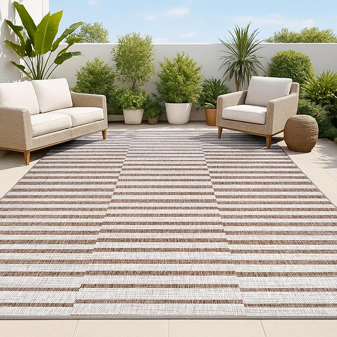 JONATHAN Y Offset Stripe Indoor Outdoor Area Rug 8X10 Beige/Brown, Sukie Modern for Backyard, Patio, Porch, Easy-Cleaning, High Traffic, Pet-Friendly, Non-Shedding (SMB133A-8)