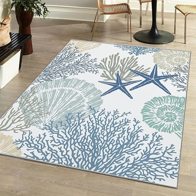 Tritard Coastal Area Rugs Nautical Beach Themed Non-Slip Machine Washable Rugs Modern Floor Carpet for Living Room Bedroom, 4x6, Blue