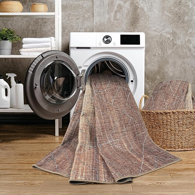 GLN Rugs Contemporary Collection - Machine Washable Area Rug, Contemporary Washable, Non Slip, Low Pile Chenille Rug, Living Room, Bedroom, Kitchen Rug (9' x 12' Terra/Brown)