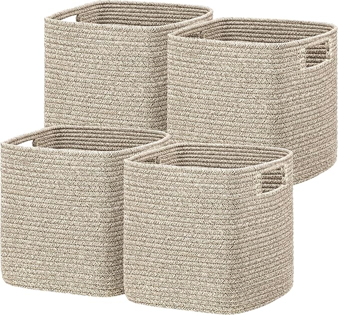UBBCARE Set of 4 Storage Basket-12 X 12 X 12 in, Cotton Rope Basket for Shelves, Toys, Book, Cube Storage Bins with Handles, Woven Storage Baskets for Organizing, Mix-Brown