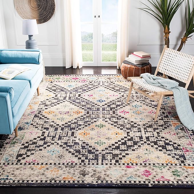 SAFAVIEH Madison Collection Area Rug - 9' x 12', Black & Yellow, Boho Diamond Distressed Design, Non-Shedding & Easy Care, Ideal for High Traffic Areas in Living Room, Bedroom (MAD418Z)