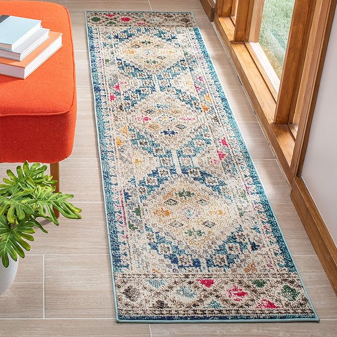 SAFAVIEH Madison Collection Runner Rug - 2'2" x 12', Dark Blue & Yellow, Boho Diamond Distressed Design, Non-Shedding & Easy Care, Ideal for High Traffic Areas in Living Room, Bedroom (MAD418N)