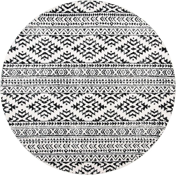 SAFAVIEH Tulum Collection Area Rug - 6'7" Round, Ivory & Black, Moroccan Boho Tribal Design, Non-Shedding & Easy to Clean, Ideal for Living Room, Bedroom, Dining Space (TUL272B)