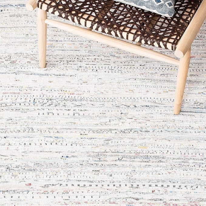 SAFAVIEH Rag Rug Collection Area Rug - 5' Square, Ivory & Multi, Handmade Boho Stripe Cotton, Ideal for High Traffic Areas in Living Room, Bedroom (RAR121G)