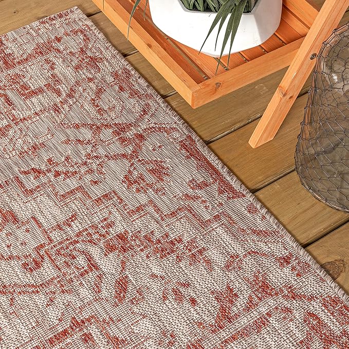 JONATHAN Y Boho Medallion Indoor Outdoor Square Area Rug 9X9 Red/Taupe, Estrella Textured Weave for Backyard, Patio, Porch, Easy-Cleaning, High Traffic, Pet-Friendly, Non-Shedding (SMB105A-9SQ)