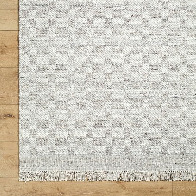 Mark&Day Wool Rugs, 2x8 Clinten Solid and Border Light Gray Runner Checkered Rug, Grey Ivory Carpet for Hallway, Kitchen, Bedroom or Living Room (2'6" x 8' Runner)