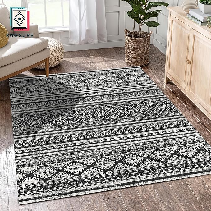 RUGSURE Washable Area Rugs 9' x 12' - 1/6 Thick - Moroccan-Inspired -Stain & Water Resistant Non-Slip - Resistant Rug for Living Room, Bedroom, Nursery, Pet & Child Friendly (Black)