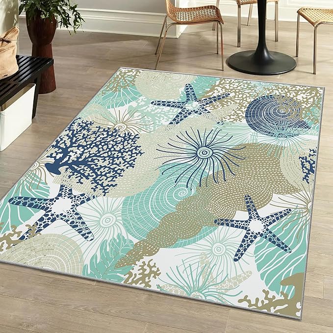 Tritard Coastal Area Rugs Nautical Beach Themed Non-Slip Machine Washable Rugs Modern Floor Carpet for Living Room Bedroom, 4x6, Navy