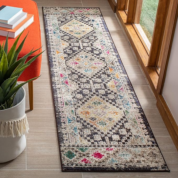 SAFAVIEH Madison Collection Runner Rug - 2'2" x 16', Black & Yellow, Boho Diamond Distressed Design, Non-Shedding & Easy Care, Ideal for High Traffic Areas in Living Room, Bedroom (MAD418Z)