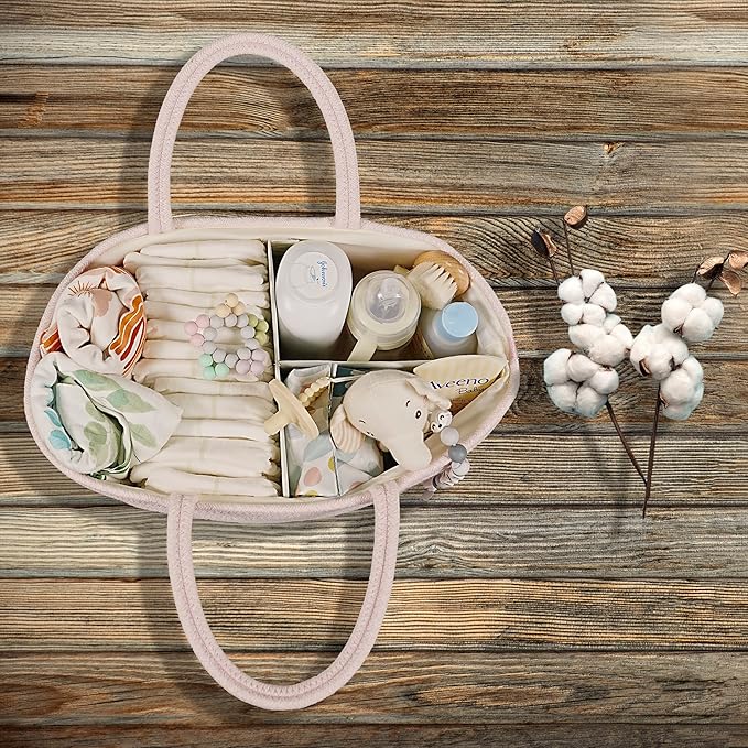 Large Baby Diaper Caddy Organizer for Girl Boy Rope Nursery Storage Bin Basket Portable Holder Tote Bag for Changing Table Car Travel Baby Shower Gifts Newborn Essentials Registry Must Haves Pink