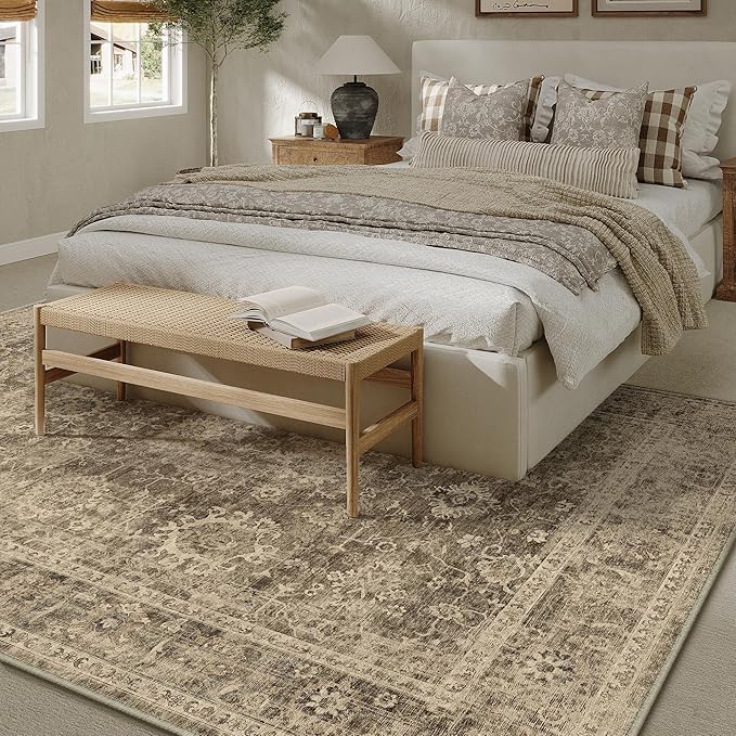 10x12 Brown Vintage Area Rug for Living Room Bedroom Large Distressed Rustic Carpet Non-Slip Low Pile Lightweight Vacuumable Soft Washable Throw Rug for Indoor Dining Room