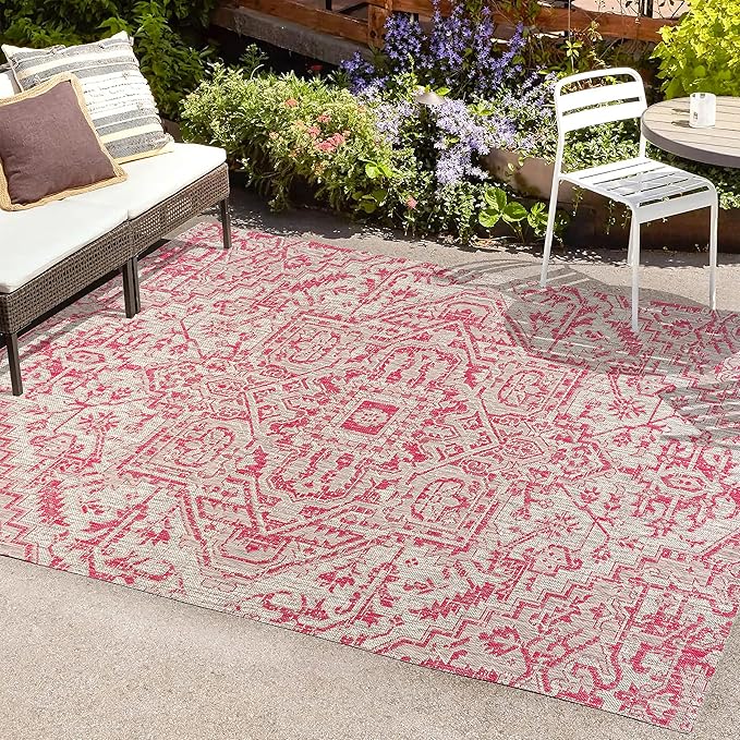 JONATHAN Y Boho Medallion Indoor Outdoor Area Rug 8X10 Light Gray/Fuchsia, Estrella Textured Weave for Backyard, Patio, Porch, Easy-Cleaning, High Traffic, Pet-Friendly, Non-Shedding (SMB105F-8)