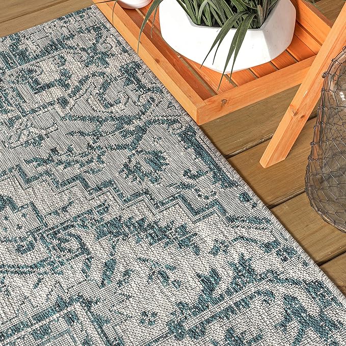 JONATHAN Y Boho Medallion Indoor Outdoor Area Rug 9X12 Teal/Gray, Estrella Textured Weave for Backyard, Patio, Porch, Easy-Cleaning, High Traffic, Pet-Friendly, Non-Shedding (SMB105C-9)