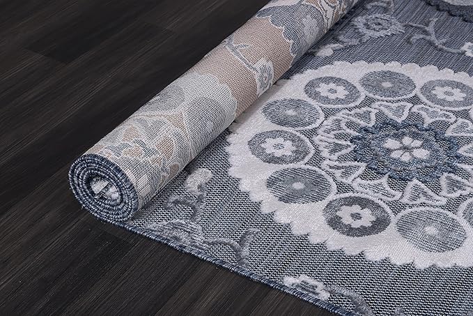 CAMILSON Indoor Outdoor Rug 9x12 Bohemian Medallion Floral Area Rugs for Indoor and Outdoor Patios Easy-Cleaning Non-Shedding Living Room Garden and Kitchen Washable Outside Carpet (9 x 12 / Navy)