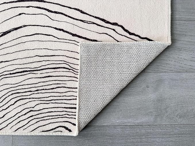 GLN Rugs Contemporary Collection - Machine Washable Area Rug, Contemporary Washable, Non Slip, Low Pile Chenille Rug, Living Room, Bedroom, Kitchen Rug (4' x 6' Beige Black)
