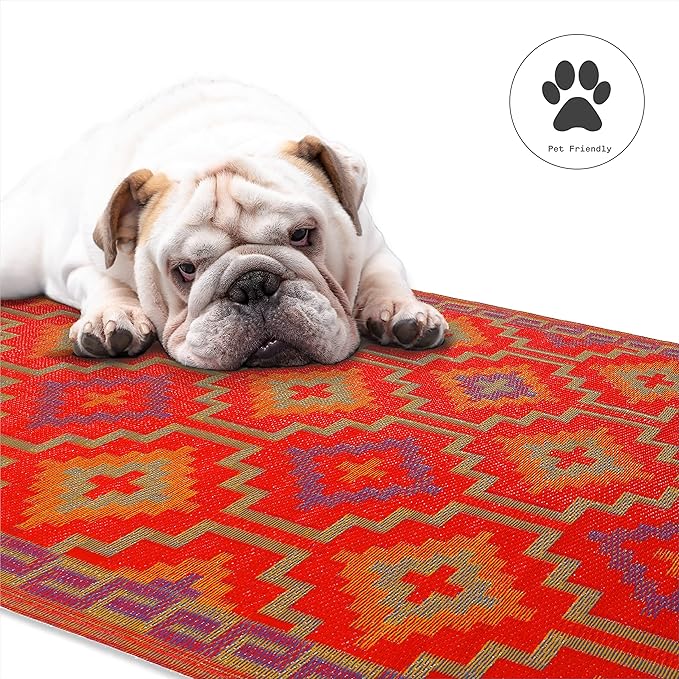 Fab Habitat Outdoor Rug - Waterproof, Fade Resistant, Crease-Free - Premium Recycled Plastic - Vintage Kilim - Porch, Deck, Balcony, Mudroom, Laundry Room, Patio - Lhasa - Orange & Violet - 3 x 5 ft