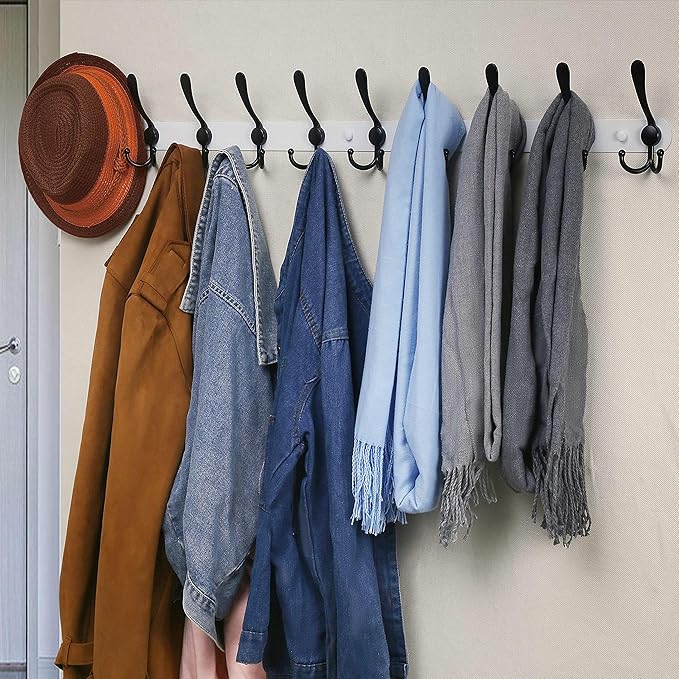 Dseap Coat Rack Wall Mount - 38” Long 10-Tri-Hooks Heavy Duty Coat Hanger Rail Wall Hooks for Hanging Coats Hats Clothing Clothes Purse Mudroom Entryway, White/Black