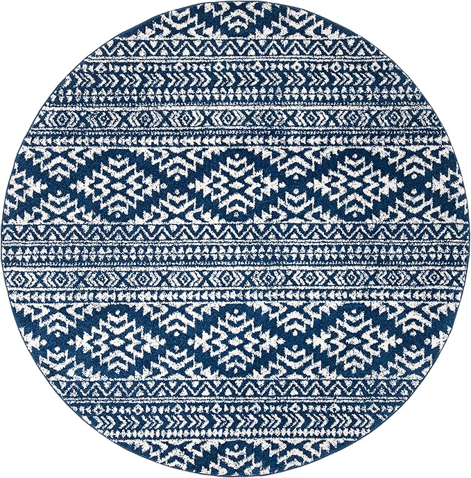 SAFAVIEH Tulum Collection Area Rug - 8' Round, Navy & Ivory, Moroccan Boho Tribal Design, Non-Shedding & Easy to Clean, Ideal for Living Room, Bedroom, Dining Space (TUL272N)