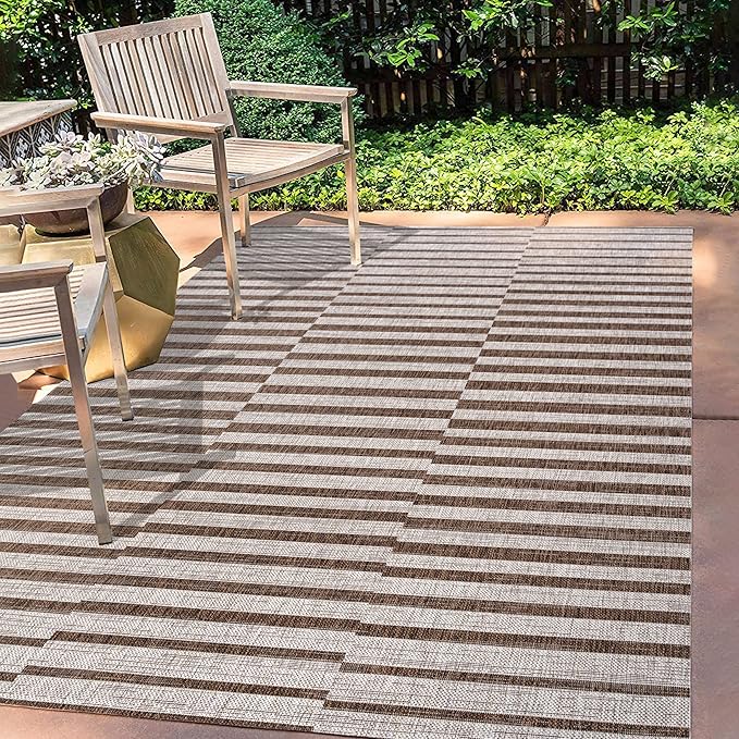 JONATHAN Y Offset Stripe Indoor Outdoor Area Rug 8X10 Beige/Brown, Sukie Modern for Backyard, Patio, Porch, Easy-Cleaning, High Traffic, Pet-Friendly, Non-Shedding (SMB133A-8)