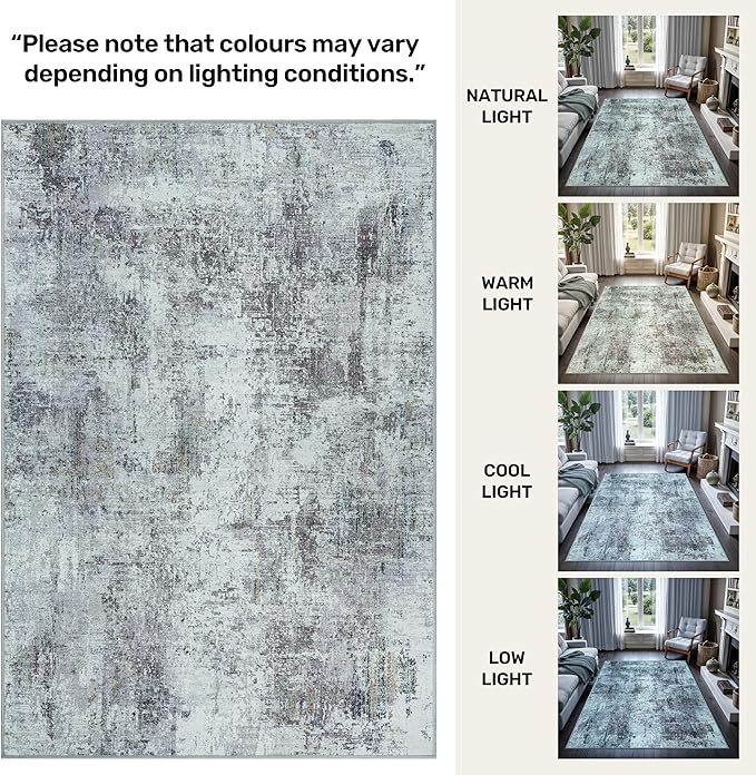 GLN Rugs Contemporary Collection - Machine Washable Area Rug, Contemporary Washable, Non Slip, Low Pile Chenille Rug, Living Room, Bedroom, Kitchen Rug (4' x 6' Grey/Green)