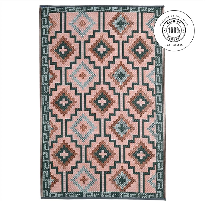 Fab Habitat Outdoor Rug - Waterproof, Fade Resistant, Crease-Free, Reversible - Premium Recycled Plastic - Vintage Boho Kilim - Patio, Porch, Deck, Balcony - Lhasa - Green - 5 x 8 ft