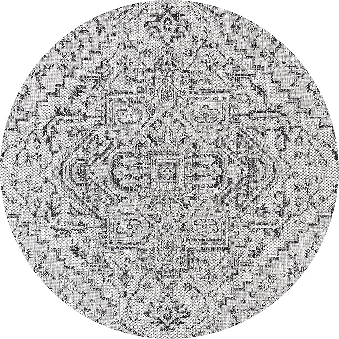 JONATHAN Y Boho Medallion Indoor Outdoor Round Area Rug 6 Ft Black/Gray, Estrella Textured Weave for Backyard, Patio, Porch, Easy-Cleaning, High Traffic, Pet-Friendly, Non-Shedding (SMB105D-6R)