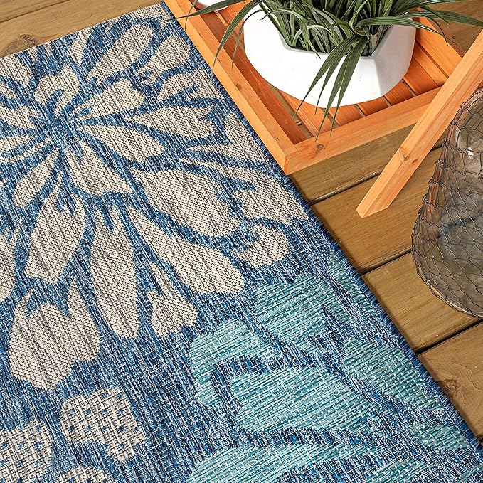 JONATHAN Y Floral Textured Weave Indoor Outdoor Square Area Rug 3X3 Navy/Aqua, Zinnia Modern for Backyard, Patio, Porch, Easy-Cleaning, High Traffic, Pet-Friendly, Non-Shedding (SMB110C-3SQ)