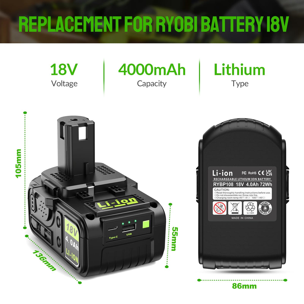 Abeden Replacement for Ryobi 18V Battery P108 4.0Ah | True High-Performance with USB-C & USB Ports | 225+ ONE+ Tools & Chargers