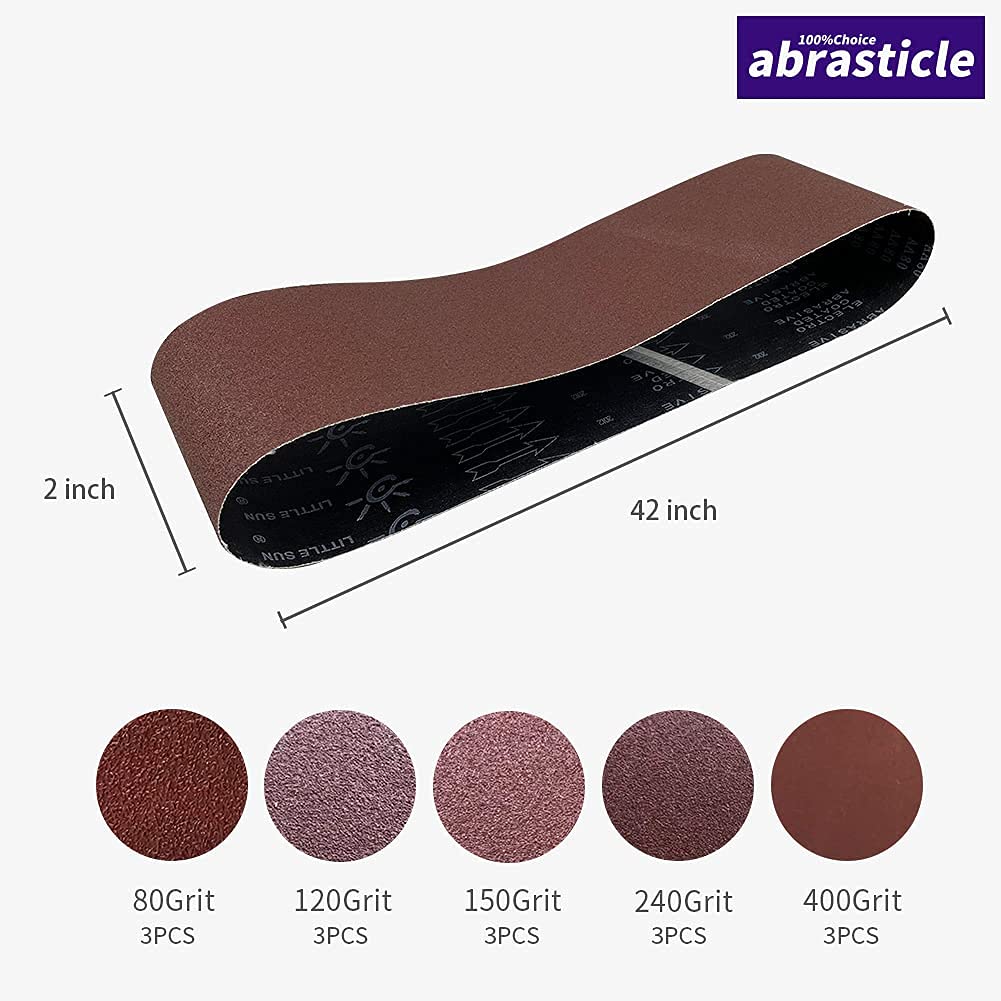 abrasticle 15-Pc 2x42in Aluminum Oxide Sanding Belts – 80/120/150/240/400 Grit