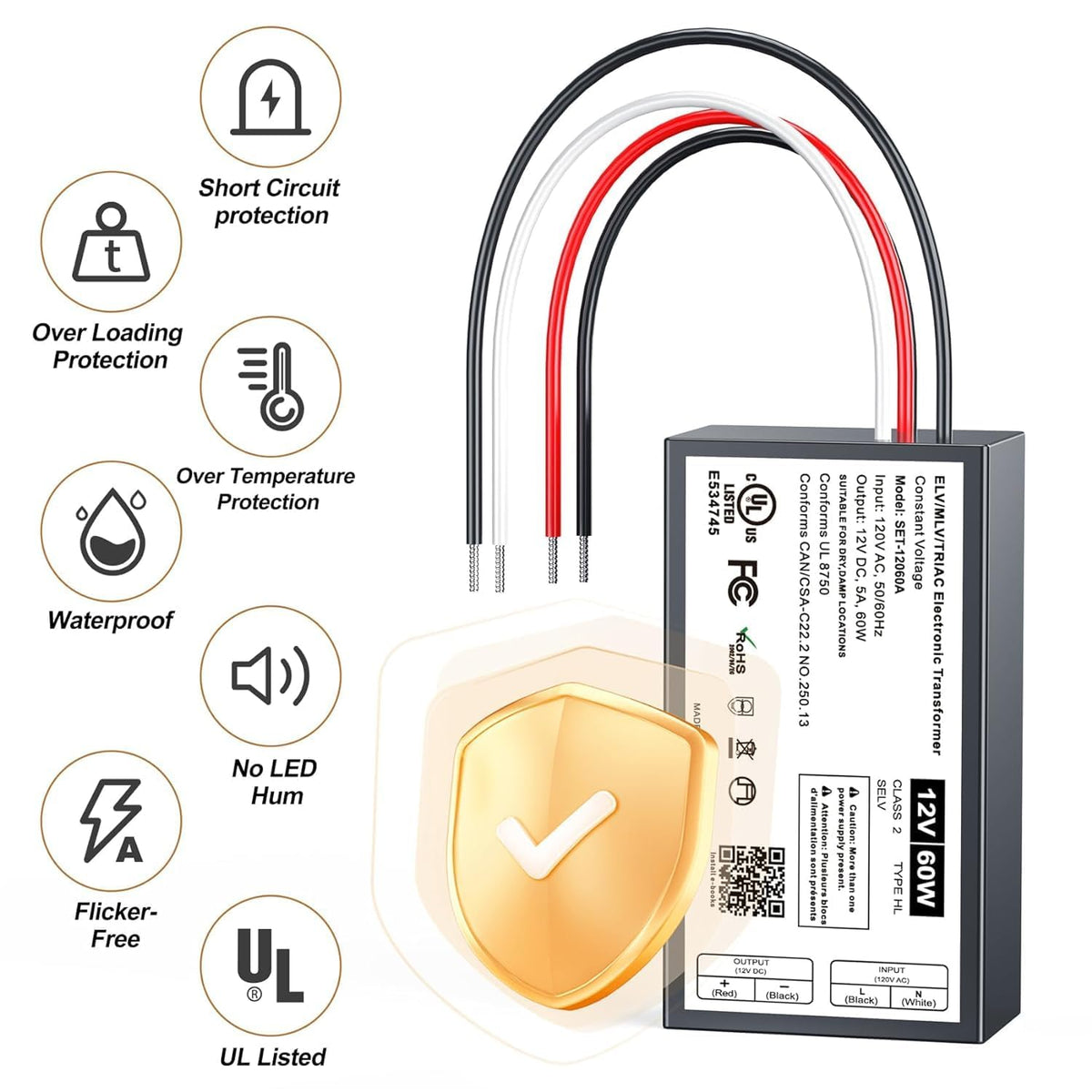 Adapter-Universe (2 Pieces) 60W 12V Dimmable LED Driver — Triac ELV/MLV, Lutron/Leviton Compatible