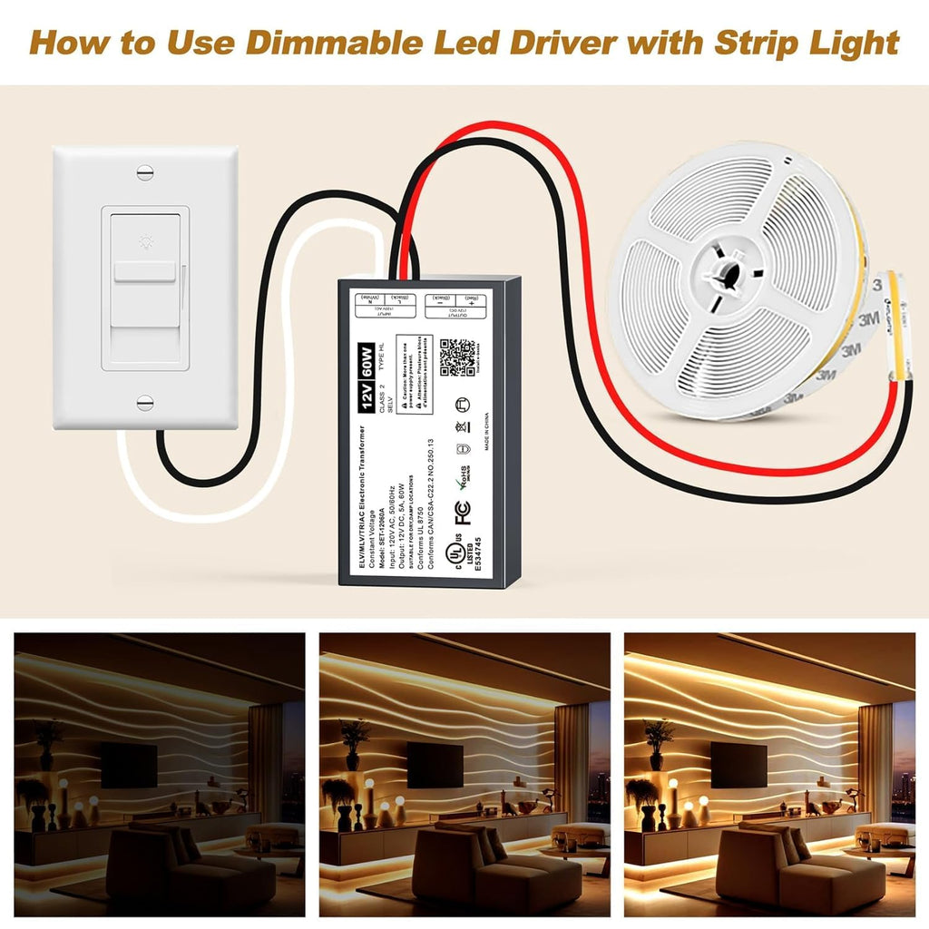 Adapter-Universe (2 Pieces) 60W 12V Dimmable LED Driver — Triac ELV/MLV, Lutron/Leviton Compatible
