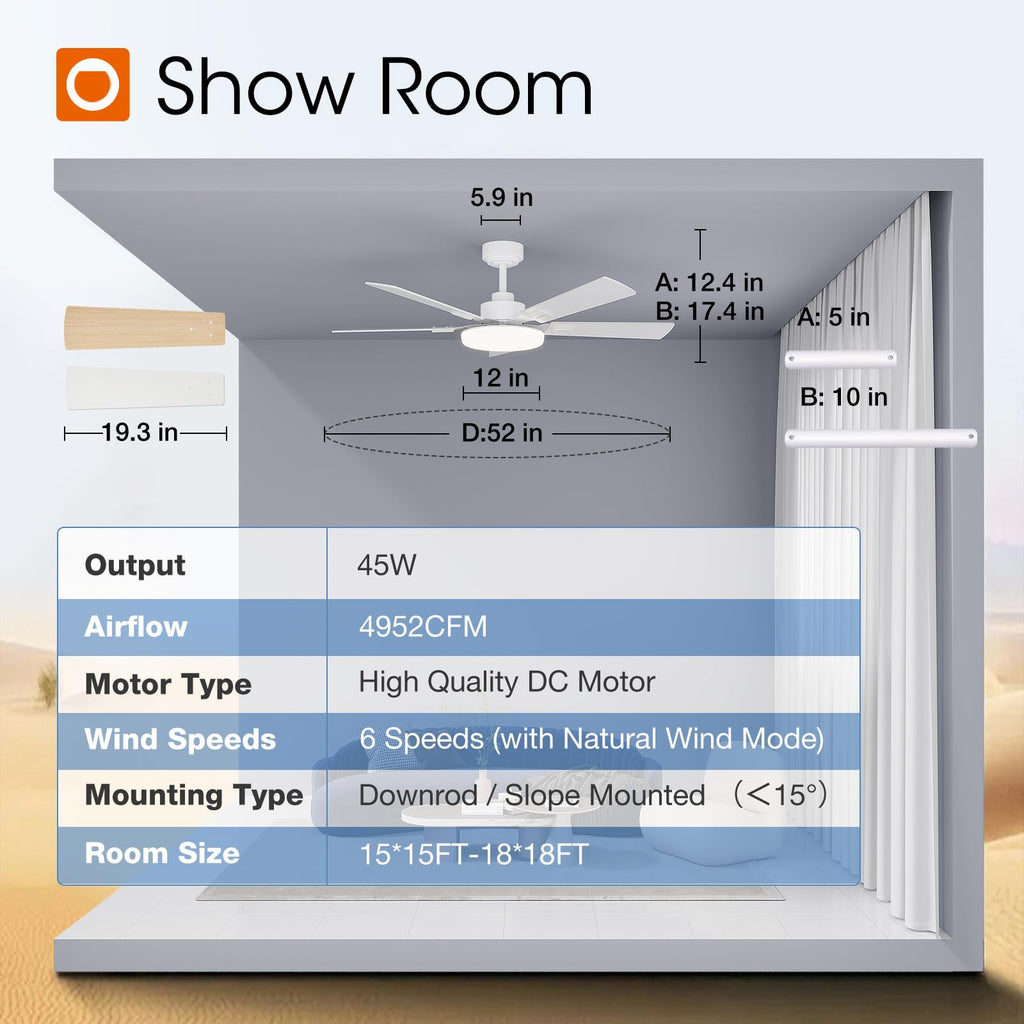 Addlon 52-Inch Ceiling Fan with Light, Remote, and Reversible DC Motor