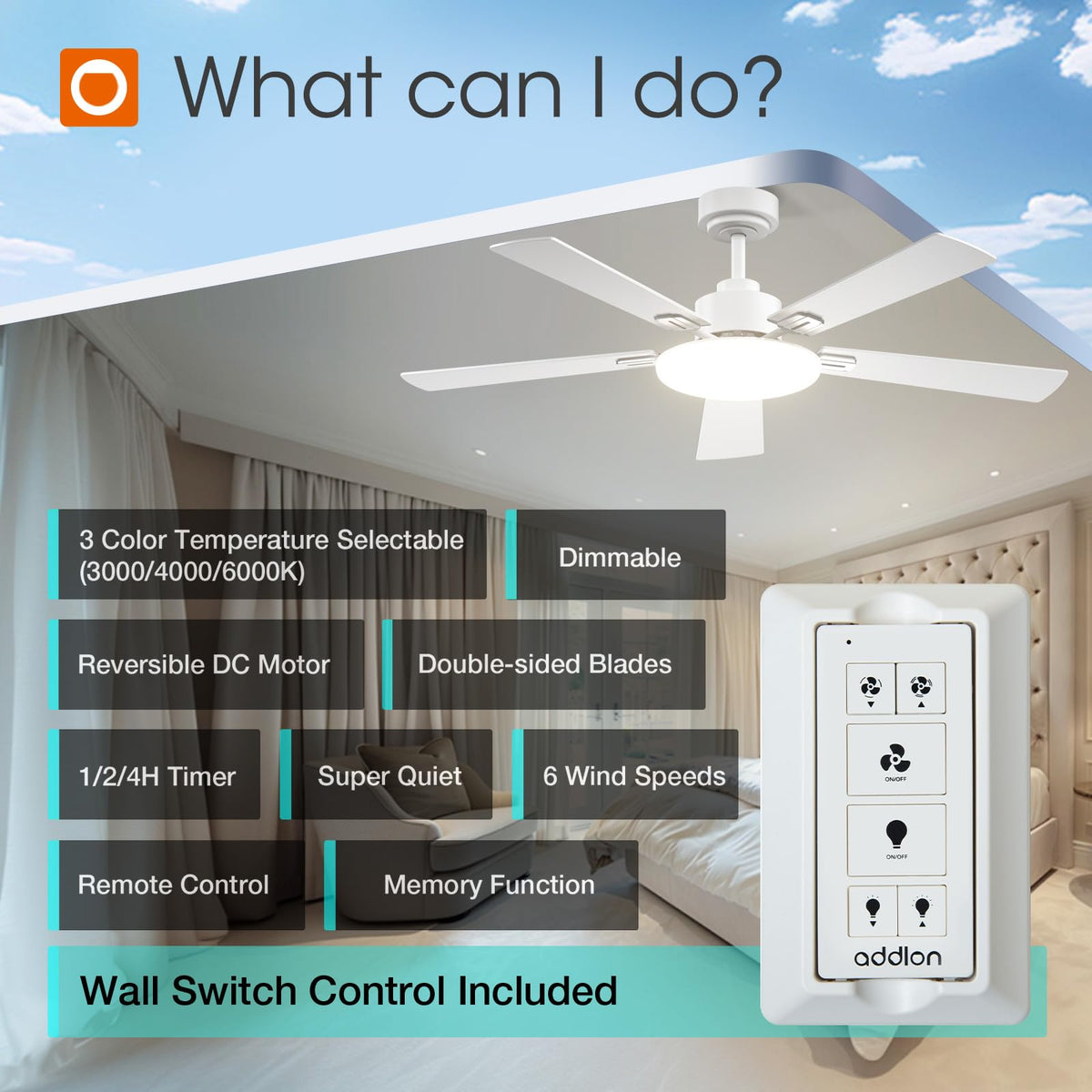 Addlon 52-Inch Ceiling Fan with Light, Remote, and Reversible DC Motor