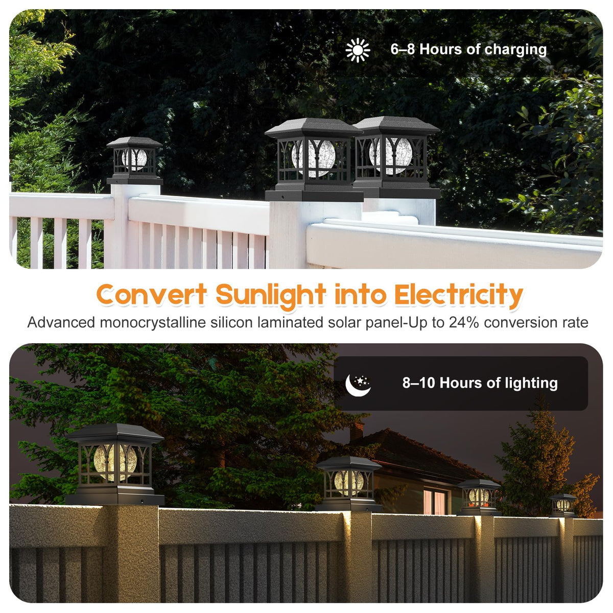 AEYANZZ Fence Post Solar Lights – Crackle Glass Caps, 20 Lumen Warm White & RGB, 2-Pack